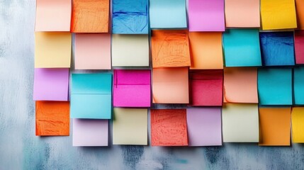 Rows of colorful sticky notes with folded corners on a textured blue surface, overlapping grid conveying playful creative energy and busy organized planning