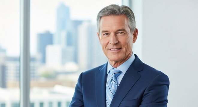 A man in a suit standing in front of a city skyline.