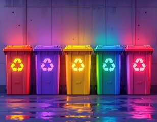 Naklejka premium Five colorful recycling bins against a concrete wall, lit with neon glow