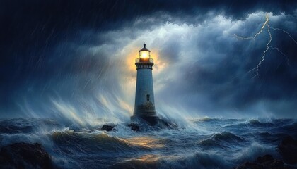 Solitary lighthouse on a rocky outcrop piercing a stormy night with crashing waves, driving rain and lightning, its warm beacon cutting through dark clouds — dramatic resilience and hope