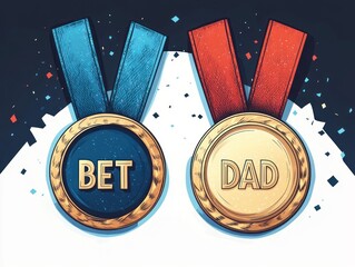 two gold medals with blue and red ribbons reading bet and dad amid confetti, playful celebratory illustration conveying pride and affection