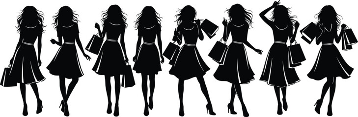 Black silhouette set of eight stylish women in dresses and high heels carrying shopping bags in various poses, representing retail, consumerism, fashion, and glamour on white.
