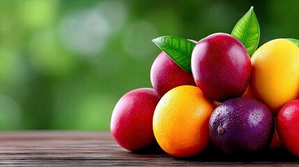 A vibrant pile of assorted fresh fruits including red apples, yellow lemons, and purple passion fruit, arranged on a rustic wooden surface with a soft, blurred