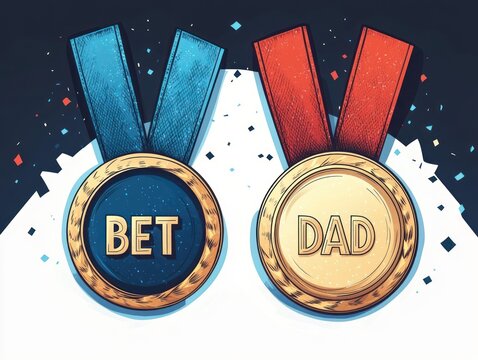 two gold medals with blue and red ribbons reading bet and dad amid confetti, playful celebratory illustration conveying pride and affection