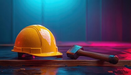 yellow construction hard hat and heavy sledgehammer resting on a wet wooden platform under moody blue and magenta lighting, evoking quiet readiness and anticipation