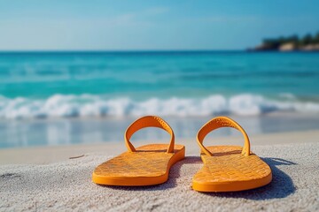pair of bright orange flip flops on sandy beach with turquoise waves and distant coastline evoking relaxed sunny summer vacation