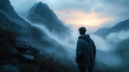 Solitary figure in a misty mountain valley at dawn, standing on rocky slopes beneath fog-filled peaks and a soft glowing sky, evoking quiet awe and contemplation