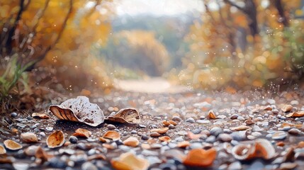 A close-up view of a forest path covered in pebbles and fallen leaves, with a soft, blurred background of autumn trees and bokeh lights.