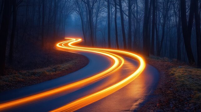 winding wet forest road illuminated by glowing orange light trails at twilight, misty bare trees and reflective pavement, mysterious cinematic atmosphere