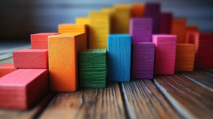 colorful wooden toy blocks arranged in a staggered row on a warm wooden table, playful and nostalgic mood
