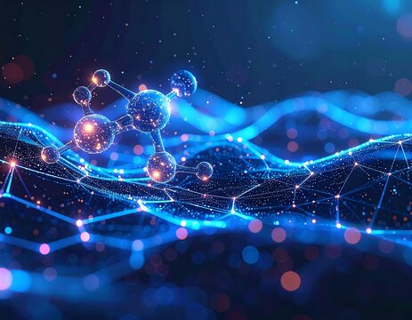 Digital rendering of a luminous, abstract molecule in blue and orange