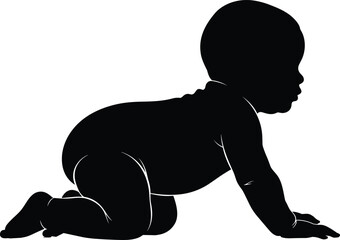 Black silhouette vector of cute crawling baby in side view isolated on white background, perfect for childhood, family, and growing up concepts.