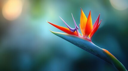 single vibrant bird of paradise flower with orange and purple petals on a green bract against a soft blurred blue bokeh background, serene tropical mood