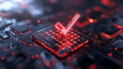 A 3D render of a shiny red checkmark symbol placed on a transparent glass surface with glowing red circuit board patterns underneath. The background is dark and