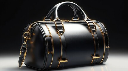 sleek black leather duffel bag with gold hardware and polished stitching evoking luxury and sophisticated elegance