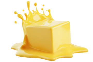 A block of butter splashes in yellow on a pristine white background. emphasizing its smooth texture and rich color. ideal for culinary and food-related imagery