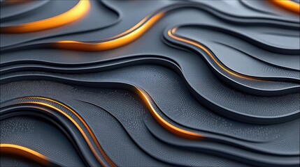 An abstract, futuristic background featuring undulating gray surfaces with a subtle textured pattern, highlighted by glowing orange lines tracing the curves. Th