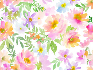 Obraz premium Watercolor Seamless Floral Pattern with abstract Hand-painted pastel pink peonies and wild flowers. Spring Floral textile design for fabric and stationary. Elegant floral wallpaper.
