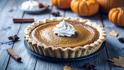 Traditional Thanksgiving Pumpkin Pie,Classic Thanksgiving pumpkin pie on a wooden table with cinnamon and whipped cream,