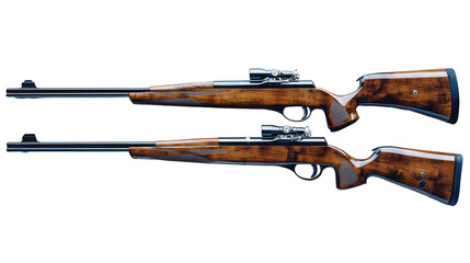Two ornate wooden hunting rifles with scopes isolated on transparent background