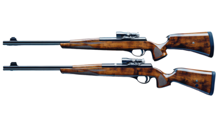 Two ornate wooden hunting rifles with scopes isolated on transparent background