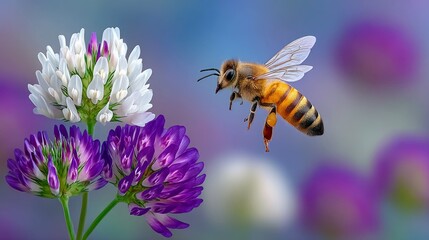 A close-up shot of a bee in mid-flight near blooming white and purple clover flowers, with a soft, blurred background of purple and blue.