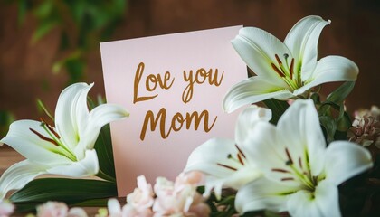 pink greeting card with gold lettering saying love you mom nestled among white lilies and pastel blooms with lush green leaves and warm soft background conveying affectionate celebratory mood
