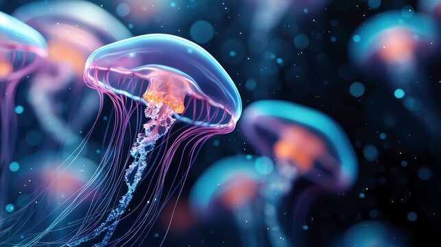 A group of translucent jellyfish with glowing tentacles drift through a dark, deep ocean environment, illuminated by their own bioluminescence and surrounded by - Powered by Adobe