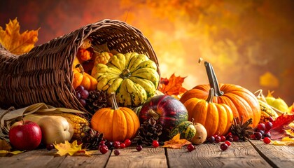 Thanksgiving Harvest Cornucopia,Cornucopia basket filled with fruits, pumpkins, corn, and autumn leaves, classic still life.