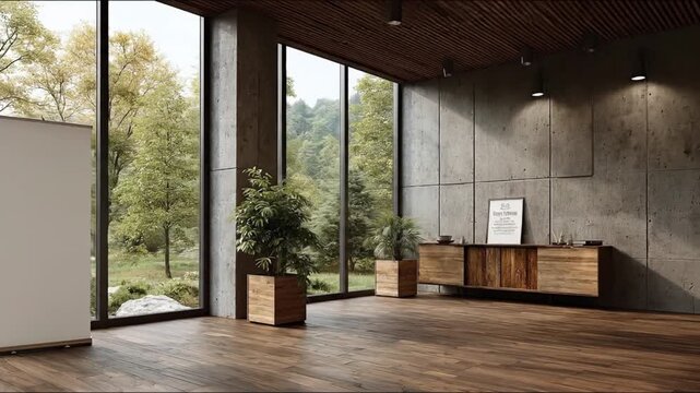 Modern room with a floortoceiling window showing trees and a blank white retractable sign