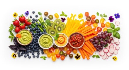 A colorful arrangement of fresh vegetables and fruits on a white background, including strawberries, blueberries, kiwi, carrots, tomatoes, and green leafy vegetables.