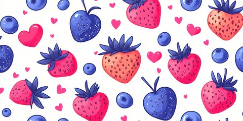 cheerful seamless pattern of pink strawberries with purple leafy tops, blue blueberries and scattered pink hearts on a white background, playful whimsical fruit illustration