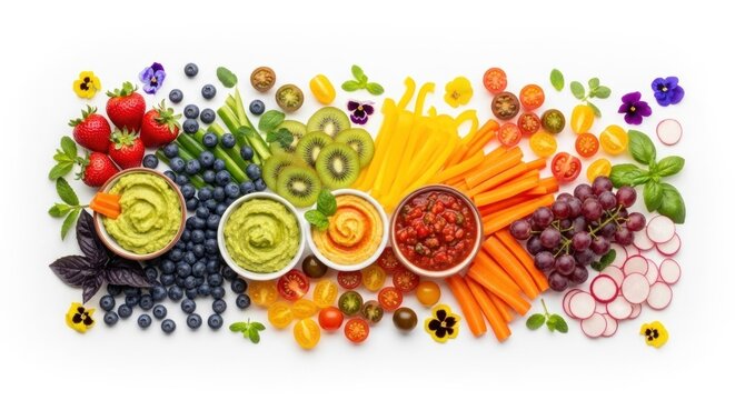 A colorful arrangement of fresh vegetables and fruits on a white background, including strawberries, blueberries, kiwi, carrots, tomatoes, and green leafy vegetables. - Powered by Adobe