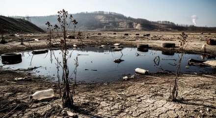 A desolate, barren landscape with a small pond and scattered tires, with a mountain in the background and a cloudy sky.