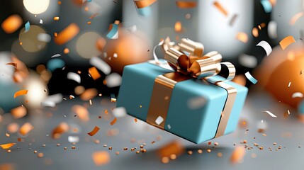 A blue gift box with a gold ribbon is falling through the air, surrounded by orange, white, and blue confetti. Soft bokeh lights create a festive and celebrator