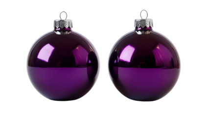 Two shiny purple oval christmas ornaments isolated on transparent background