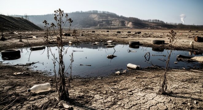 A desolate, barren landscape with a small pond and scattered tires, with a mountain in the background and a cloudy sky.
