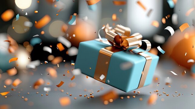 A blue gift box with a gold ribbon is falling through the air, surrounded by orange, white, and blue confetti. Soft bokeh lights create a festive and celebrator