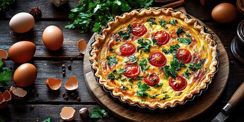 Rustic savory quiche with roasted cherry tomatoes and fresh parsley on wooden board surrounded by eggs, cracked shells and spices, warm cozy homemade atmosphere
