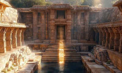 ancient carved stone stepwell with central sunlit staircase and reflecting pool, surrounded by colonnades and weathered walls, serene mystical atmosphere