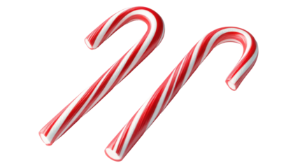 Two red and white striped candy canes isolated on transparent background