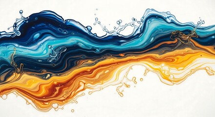 Abstract fluid art painting with swirling colors of deep blue turquoise gold and orange on a white background creating a dynamic and energetic composition