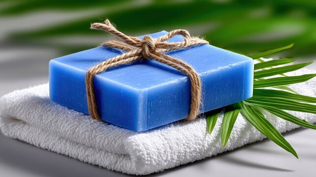 A rectangular bar of blue soap, tied with natural twine, rests on a folded white terrycloth towel. Green palm leaves are placed beside the soap and towel, with