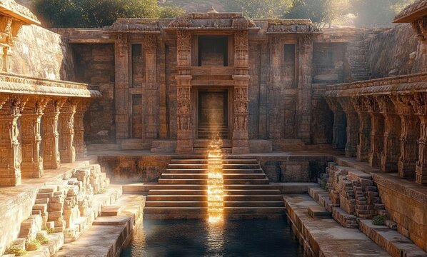 ancient carved stone stepwell with central sunlit staircase and reflecting pool, surrounded by colonnades and weathered walls, serene mystical atmosphere