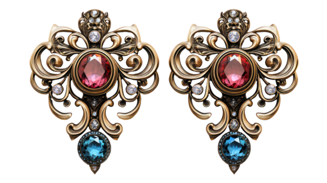 Ornate antique gold earrings with pink and blue gemstones isolated on transparent background