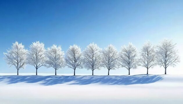 A line of bare trees covered in frost and snow stands in a pristine white winter landscape under a bright, clear blue sky. - Powered by Adobe