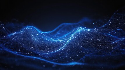 glowing blue network of interconnected points and lines forming undulating waves over a dark background, evoking futuristic data flow and dynamic motion