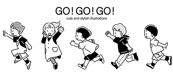 Cute and stylish line drawing of children running energetically towards the future