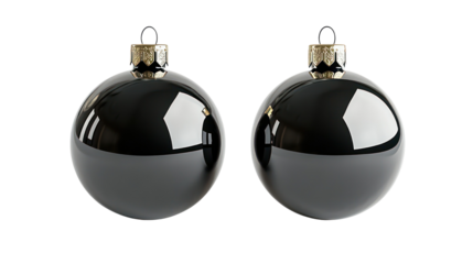 Two shiny black oval ornaments isolated on transparent background