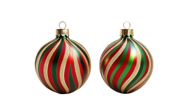 Two vintage christmas ornaments with red green and gold stripes isolated on transparent background